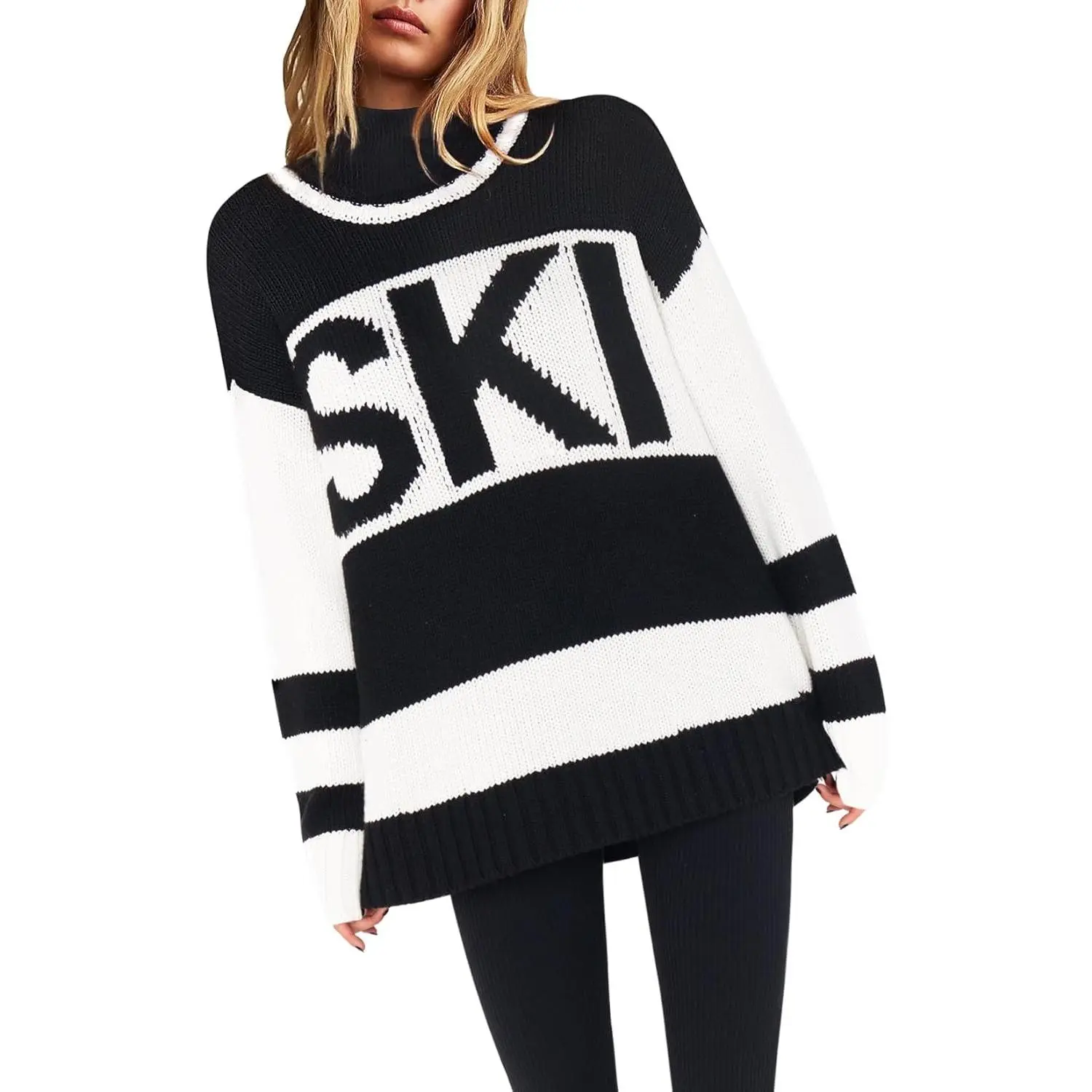 Yousify Women's Oversized Color Block Knit Sweater - 2024 Fall-Winter Crewneck Mock Neck Knitwear, Comfortable Everyday Clothes, Loose-Fitting Ski Sweater, S-2XL Sizes, Long Sleeve, Casual Fashion Tops
