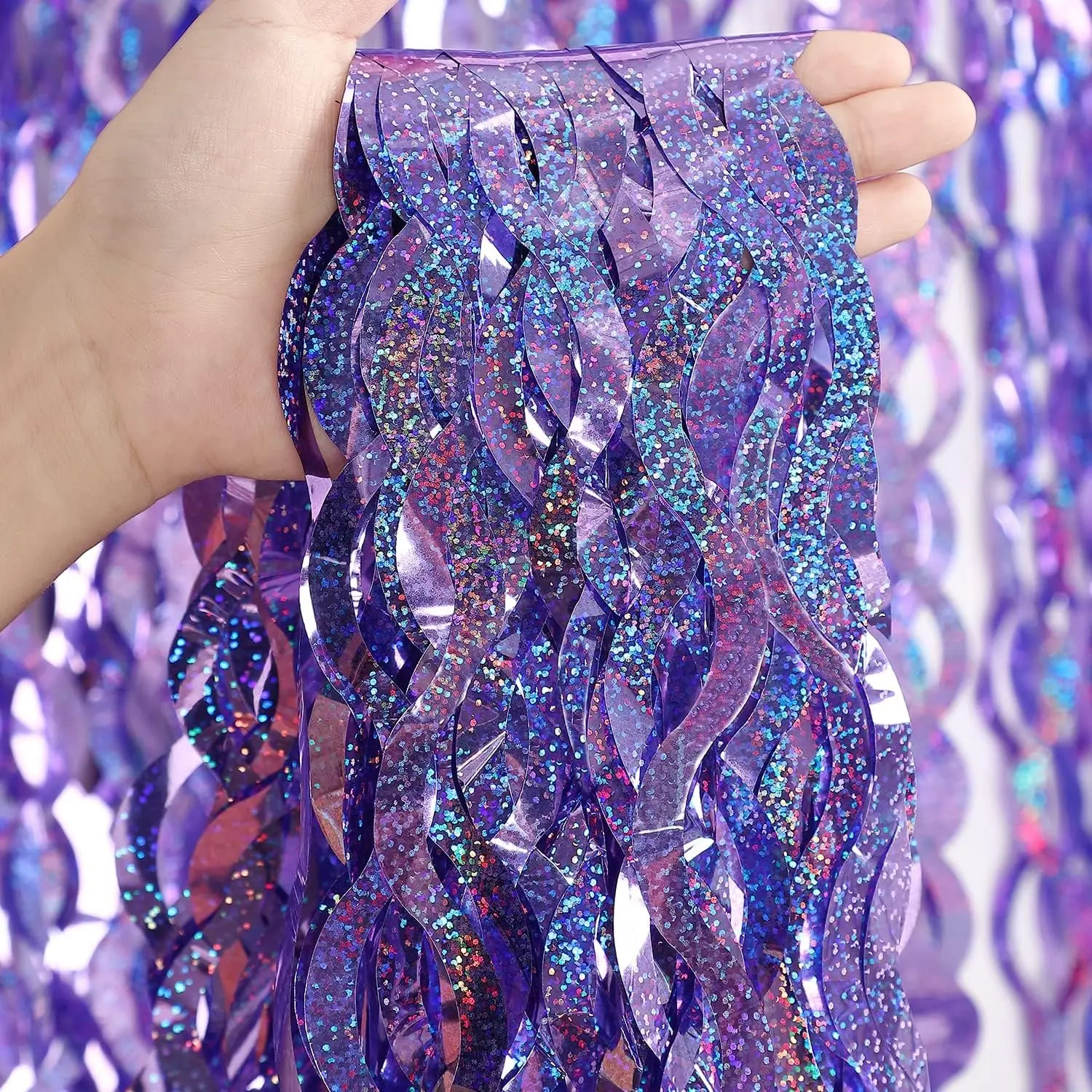 2 Pack Wavy Purple Fringe Curtain Backdrop, Metallic Holographic Wavy Tinsel Door Streamers for Disco Birthday Party Decorations, Shiny Photo Booth Background for Graduation Bachelorette Wedding, Graduation Theme Backdrop, Photo Backdrops
