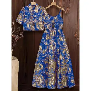 Women’s all-over print vest dress and shirt two-piece set—casual, fashionable, and comfortable for everyday outdoor wear; spring and summer women’s clothing