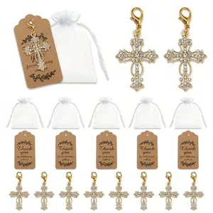 2026 New Cross Keychain Set 12pcs, Religious Party Favor Gifts, Organza Bags, Kraft Tags, Wedding Souvenir, Catholic Christian
