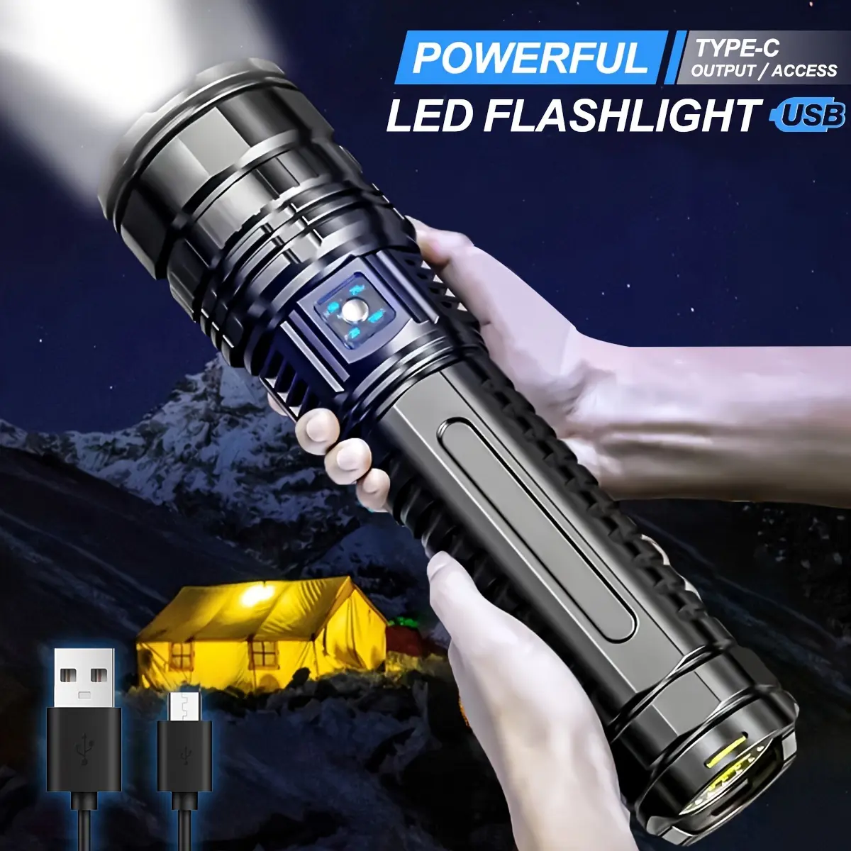 High Performance Flashlight - Rechargeable via Included USB Port & Cable, High Lumens, Adjustable Focus, COB Light Source, Long-Distance Spotlight for Emergency & Tactical Use, Camping