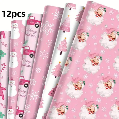 Christmas Theme Gift Wrapping Paper, 12pcs/set Snowman & Reindeer Pattern Gift Wrapping Paper, Gift Packaging Supplies for Holiday Party Birthday
