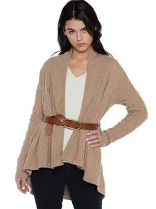 JENNIE LIU Women's 100% Pure Cashmere 4-ply Cable-Knit Drape-Front Open Cardigan Sweater