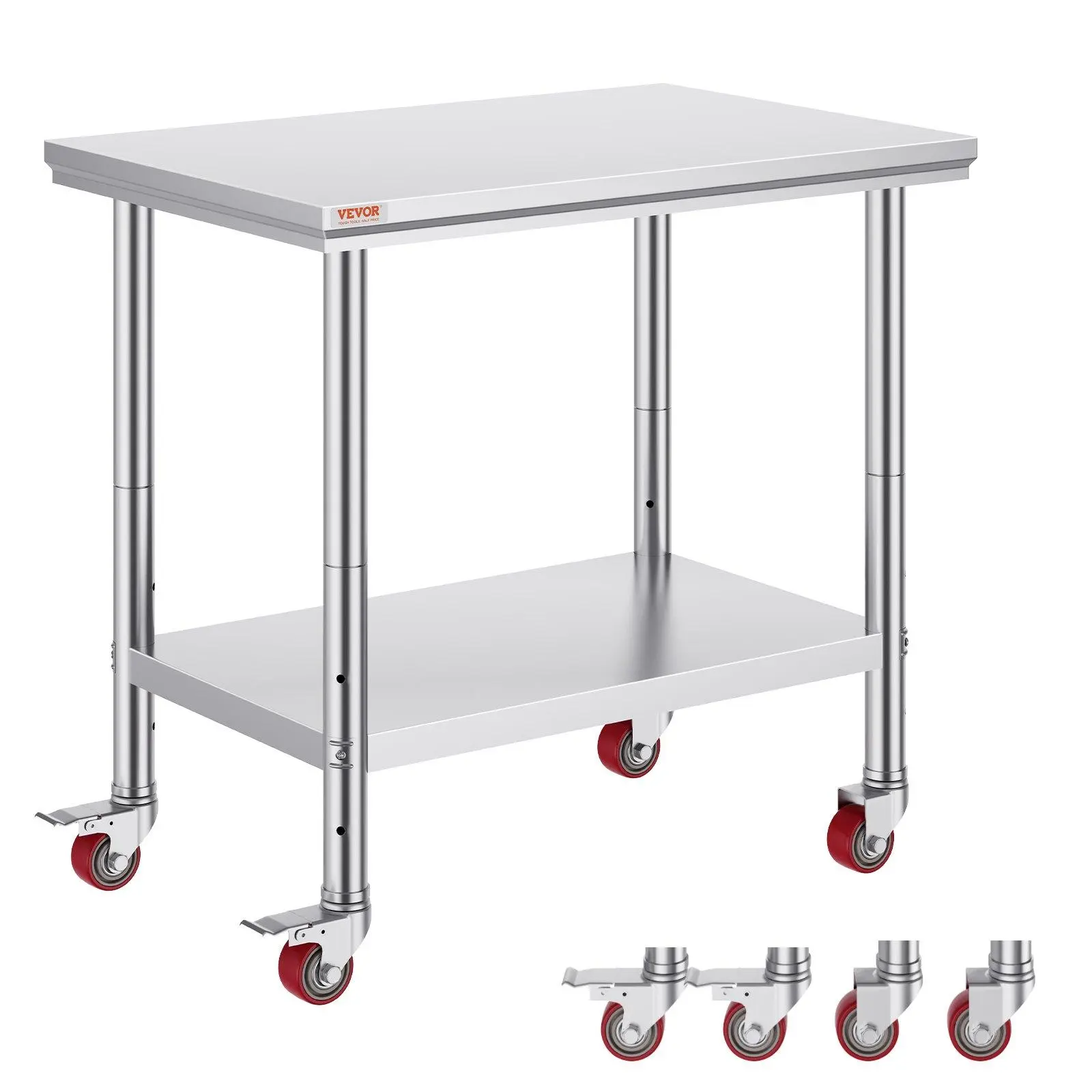 【Summerfinds】VEVOR Sturdy Stainless Steel Work Table (36x24 in) with 4 Wheels & Casters, Adjustable Standing Shelf Garage Organiser, Heavy Duty Commercial Food Prep Table for Kitchen Restaurant, Smooth, Office