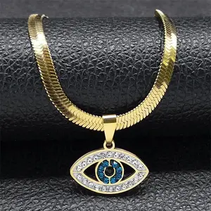 Turkish Evil Eye Pendant Necklace - Stainless Steel Blue Enamel & Accents, Unisex Couple & Best Friend Jewelry for Casual Attire, Parties, Teacher's Day, Graduation - Gothic Hip-Hop Style Year-Round Protection Symbol cubic zirconia inlay