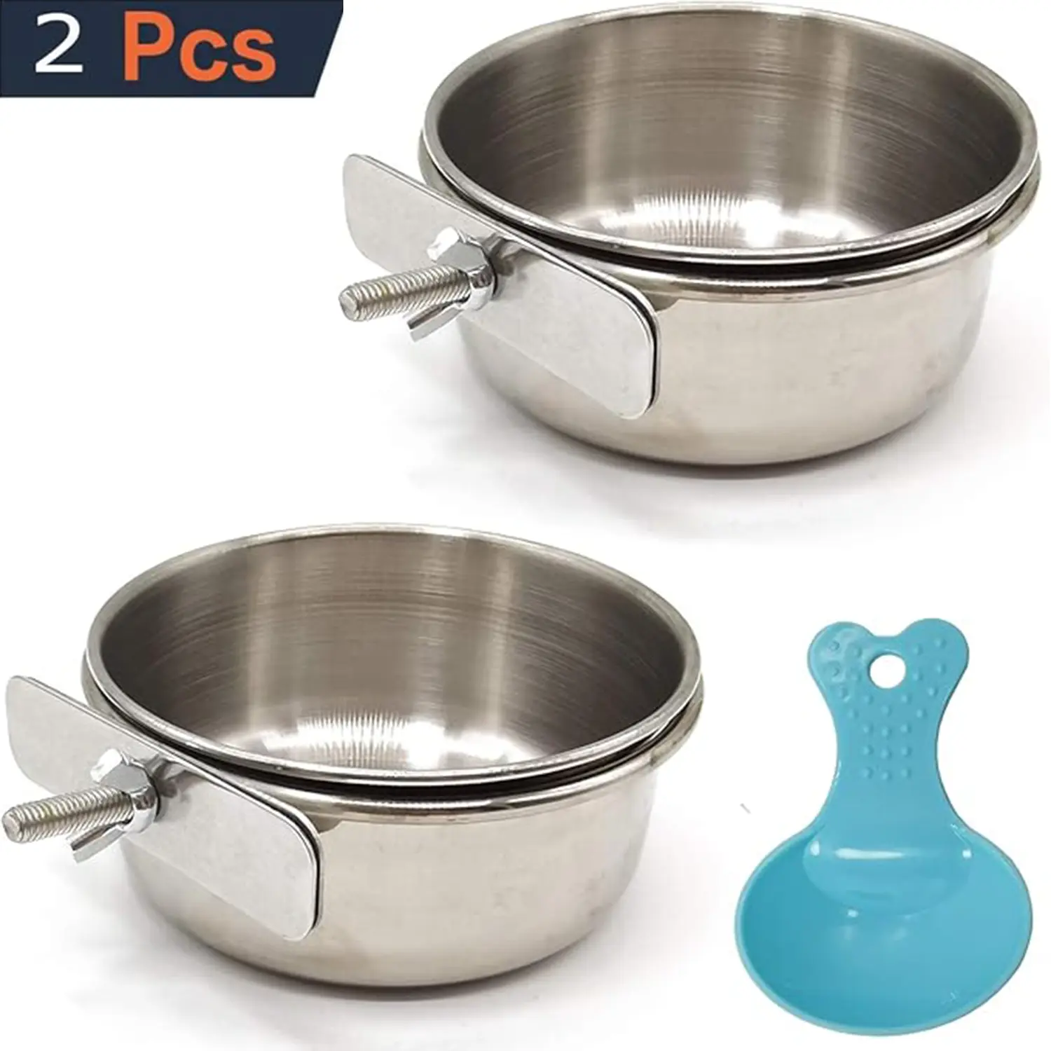 2 Pcs Stainless Steel bowl,Bird Feeding Dish Cups with Spoon,Parrot Food Bowl Clamp Holder Coop Cup,Bird Cage Water Bowl for bird