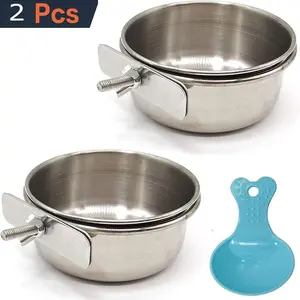 2 Pcs Stainless Steel bowl,Bird Feeding Dish Cups with Spoon,Parrot Food Bowl Clamp Holder Coop Cup,Bird Cage Water Bowl for bird