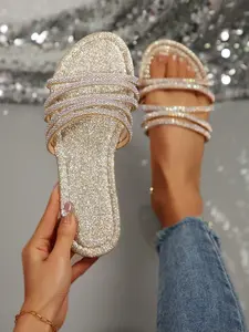 Women's Summer Sandals, Fashionable Casual Rhinestone Flat Slip-Ons, Versatile Beach Shoes, Perfect for Dates, Shopping, Parties, Commute, Vacation, Home