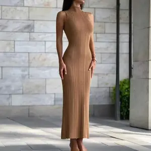 Women's High-Neck Sleeveless Knit Bodycon Midi Gown - French Style Elegant Formal Wear for Tea-Length Occasions, White Formal Dresses
