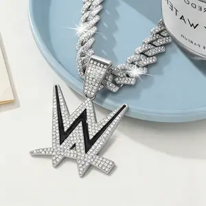 Miami Cuban Link Chain for Men, Iced Out WWE Logo Pendant - Gold/Silver Bling Cubic Zirconia Hip Hop Wrestling Jewelry Gift