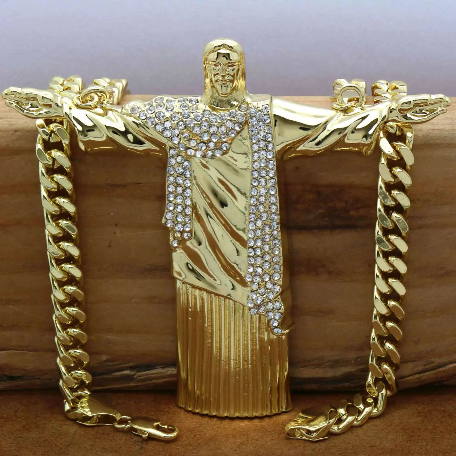 MaxBling81 Jumbo Christ the Redeemer Jesus Charm Pendant with 10mm Cuban Link Chains (18in, 20in, 24in, 30in) - Unisex Chain & Link Hip Hop Fashion Costume Jewelry Necklace for Men, Women, Necklace Set, Cuban Link Necklace