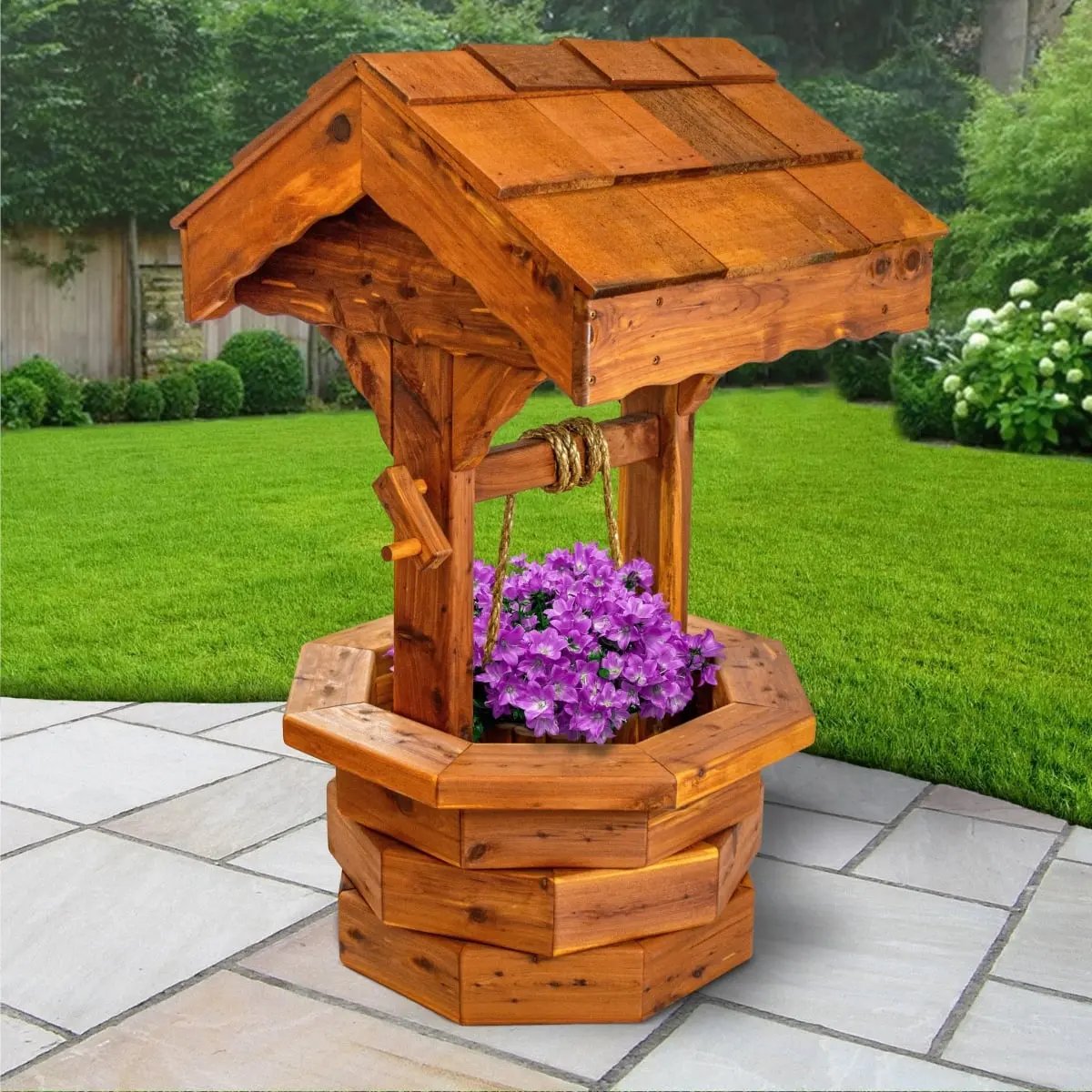 American Furniture Classics MM141 37 in. Medium Cedar Wishing Well Garden Planter - Handcrafted Rustic Wooden Flower Pot with Wood Roof, 55 lbs Durability, Element-Resistant Outdoor Garden Accessory