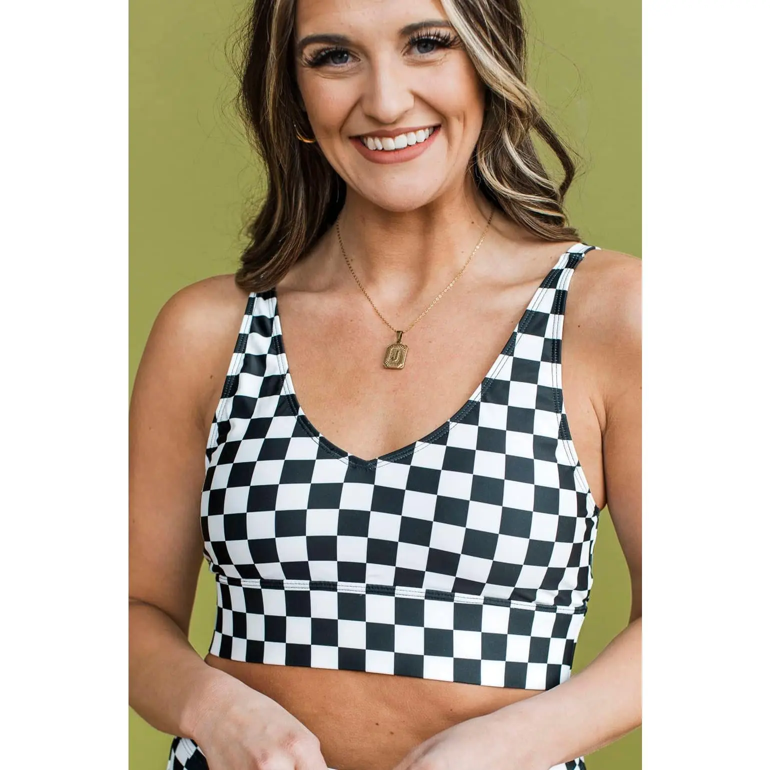 Crashing Waves Bikini Swim Top- Black & White Checkered