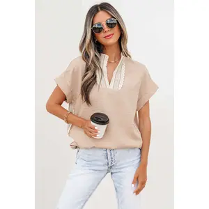 Parchment Crochet Lace Accent Pullover Rolled Short Sleeve Blouse