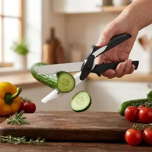2 in 1 Cutting Board Scissors for Food - 9.6" Detachable Cheese Scissors with Cutting Board and Stainless Steel Blade - Easy-to-Use Veggie Cutter with Safety Lock, Suitable for Fruits and Vegetables