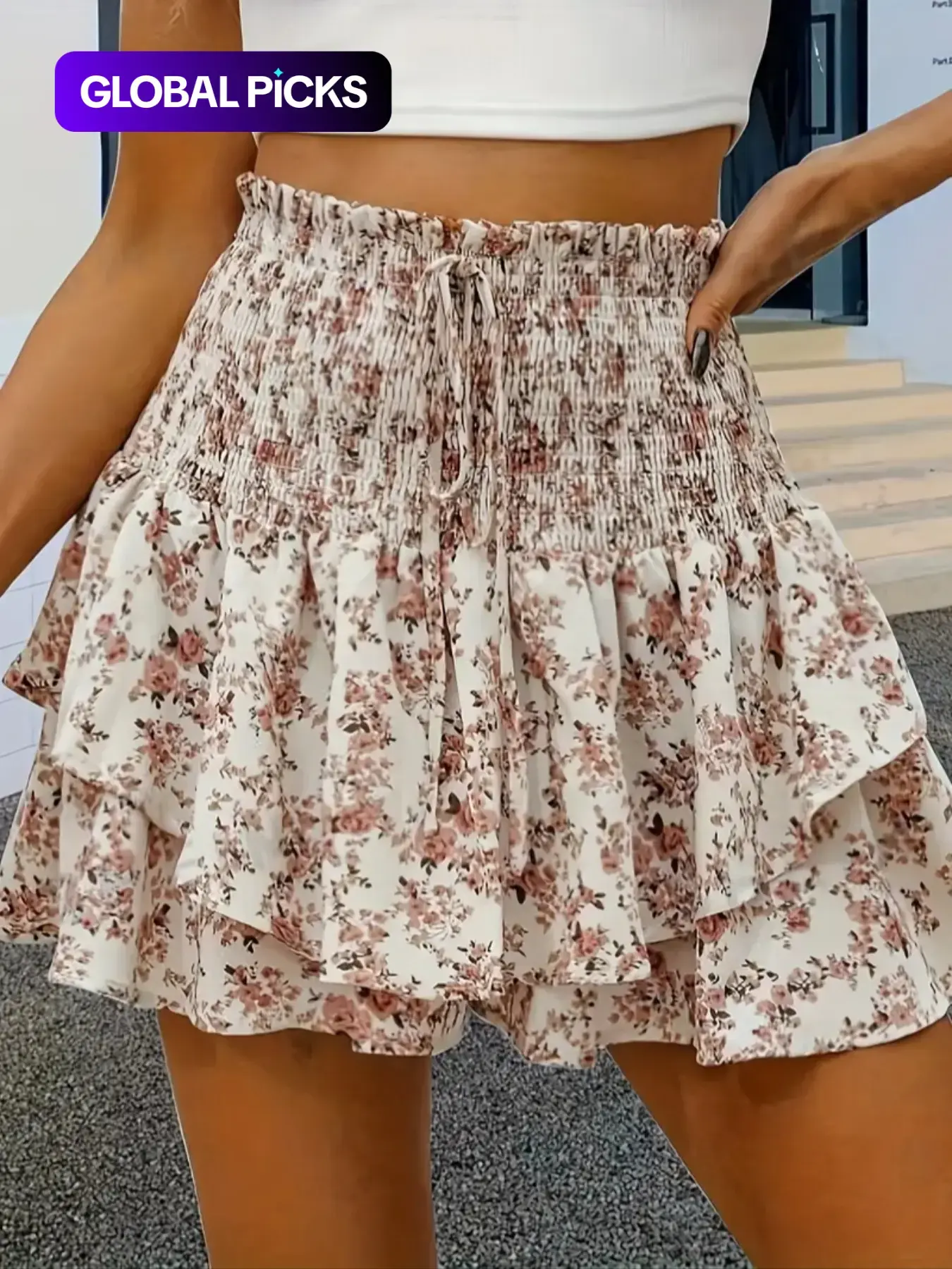 Women's Floral Print Woven Fabric Frill Trim Shirred Tiered Layer Shorts, Casual Boho Bohemian Lightweight Loose High Waist Tie Front Drawstring Wide Leg Shorts for Spring, Fall & Summer, Women's Bottoms for Daily Wear, 1 Piece Womenswear