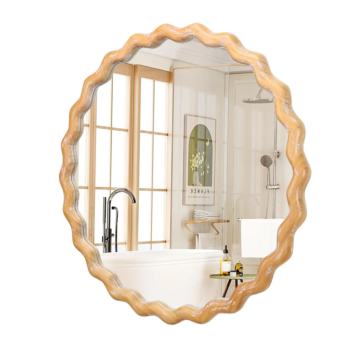 27.5" Round Wavy Edge Wall Mirror Whitewash Distressed Wooden Frame HD Clear Reflection for Bathroom Bedroom Entryway Living Room Office Farmhouse Style