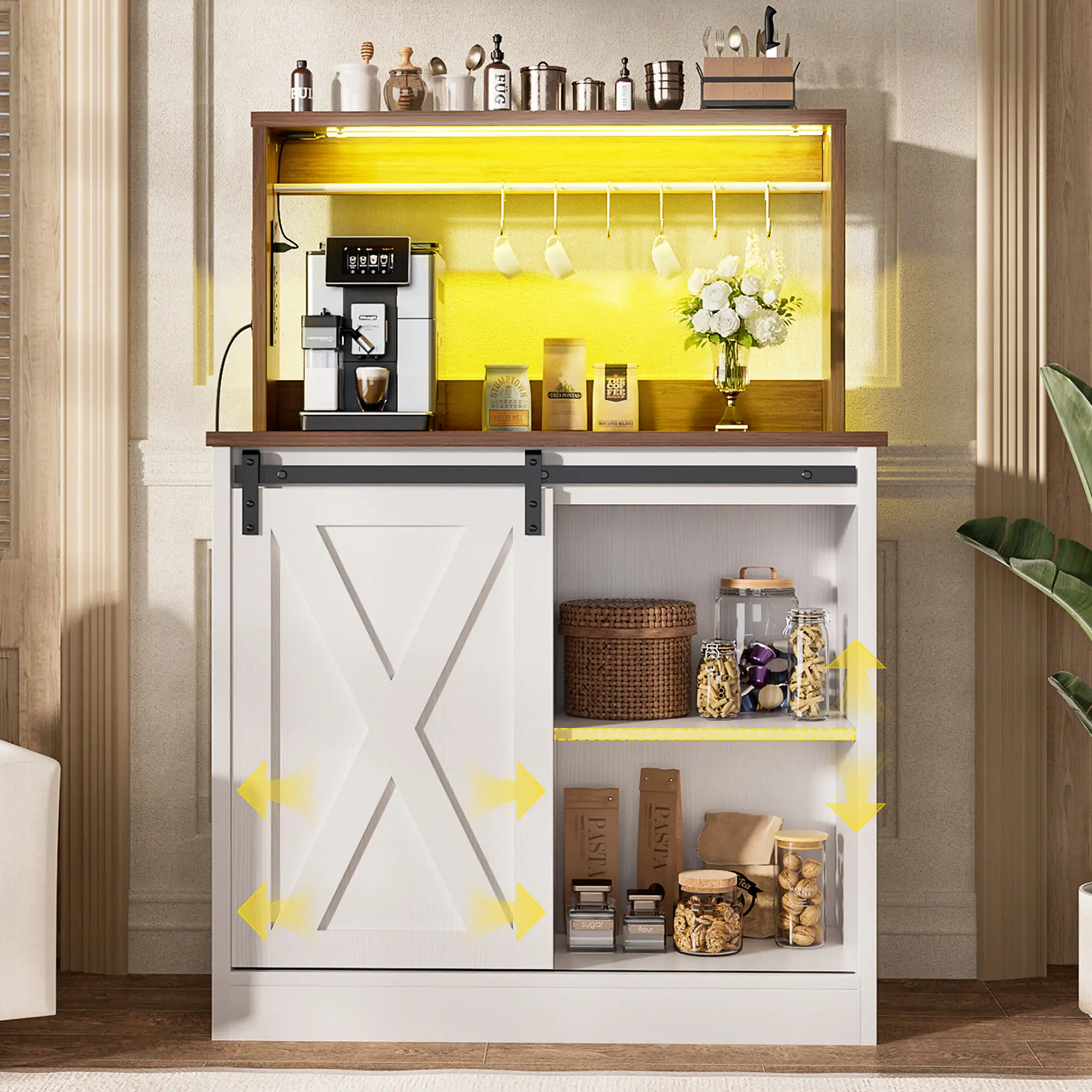 30'' W Farmhouse Style Wine Bar Cabinet with Barn Door & Charging Station & LED Lights,Sturdy Buffet Coffee Bar Cabinet with Adjustable Shelves &Hutch