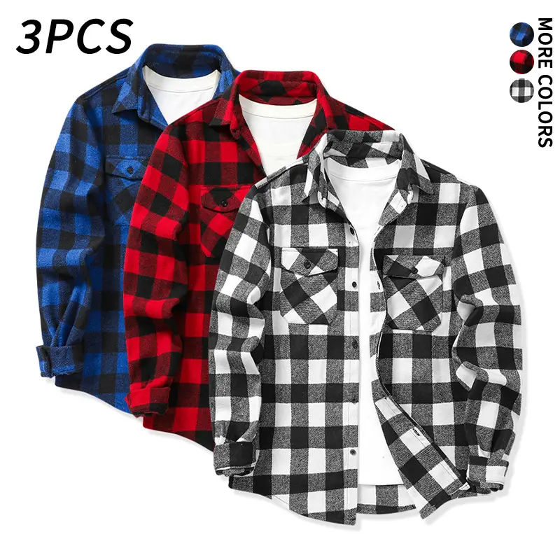 3-piece set featuring a vintage plaid loose shirt jacket and a lightweight, soft flannel shirt cardigan (no short sleeves) — versatile wardrobe staples suitable for school, hiking, and everyday tasks; perfect for autumn and winter outfits.