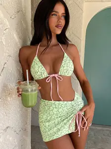 Cute Women's Summer Floral Print Swimsuit, Thin Strap Sexy Bikini Set, Tight Casual Two-Piece Swimwear, High-Waisted Belly Control Bottoms