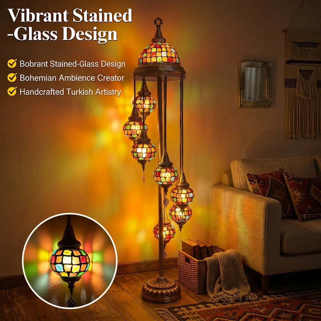 7-Light Dragonfly  Turkish Mosaic Floor Lamp, Handmade Tiffany Style Stained Glass Standing Lamp, Vintage Boho Tall Reading Light for Living Room Bedroom Home Decor