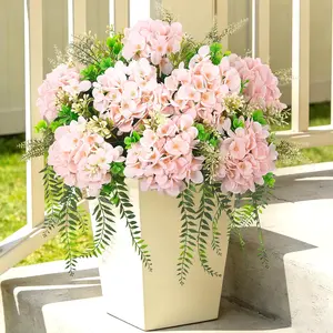 Decorative Artificial Outdoor Flowers Set, UV-Resistant Pink Silk Hydrangea with Eucalyptus, Realistic Faux Plants for Garden, Indoor Bathroom Decor