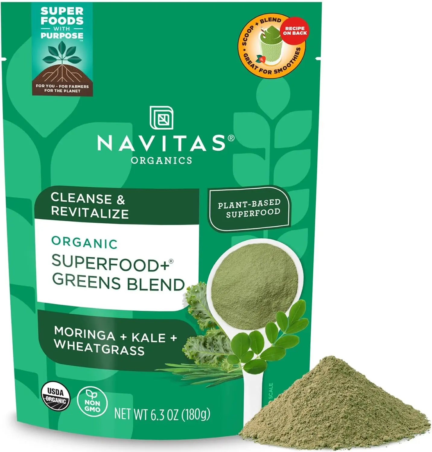 Navitas Organics Superfood+ Alkalizing Greens Dietary Supplement Blend - Detoxifying, 6.3oz Bag (30 Servings), Non-GMO, Vegan, Gluten-Free, Keto, Paleo, Fitness-Supporting (Kale, Wheat Grass Juice, Moringa Powders)