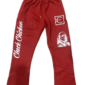 CCF Stack Sweatpants Unisex Red with Check Chicken Design and CF Logo Comfortable and Stylish