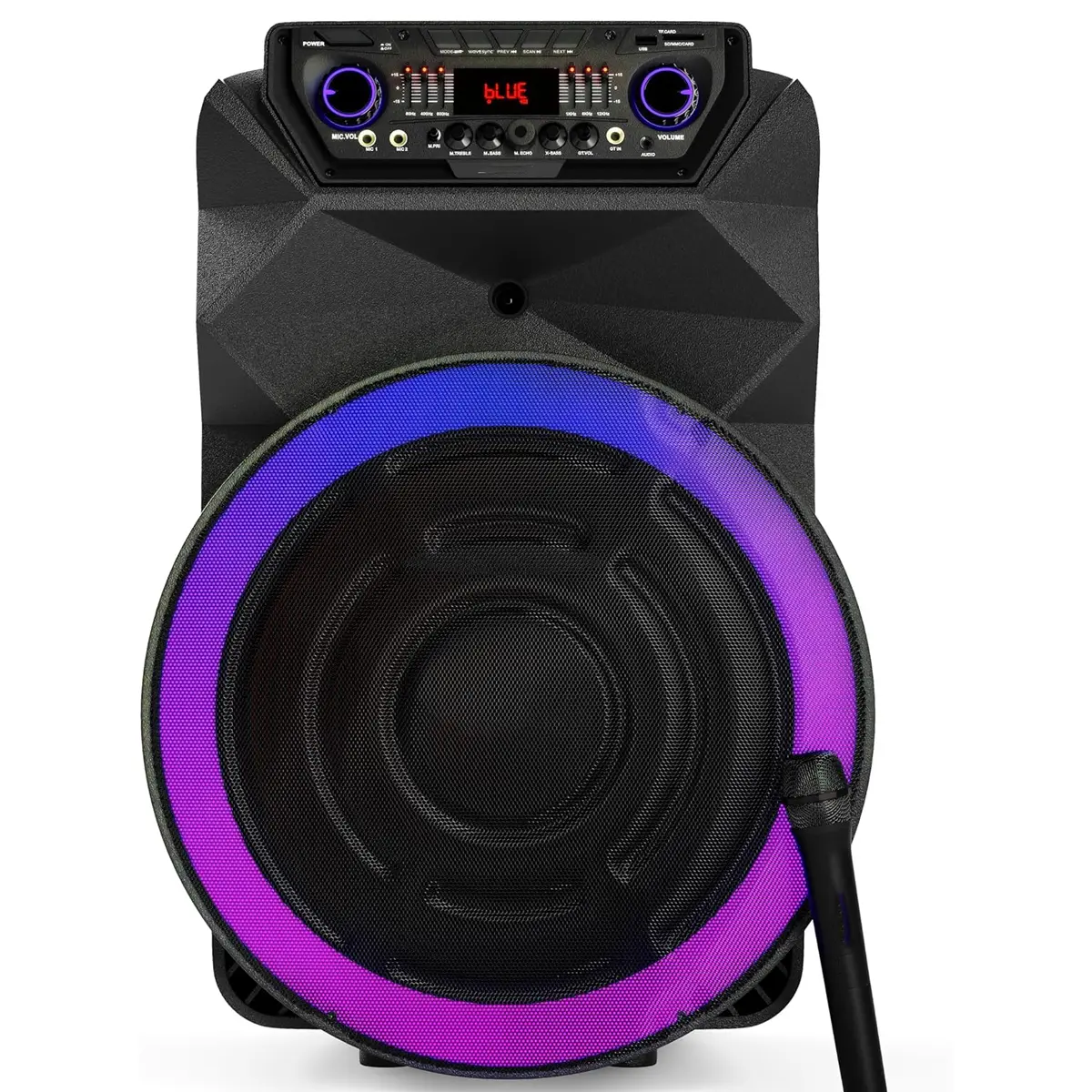 Dazone 18-Inch Portable Party Speaker with Deep Bass, 4500W Stereo Subwoofer, Rechargeable, Wireless Microphones, USB Port, SD, AUX & Guitar Inputs, Long Playtime, Lights, Wheels for Beach Party Audio Needs, Karaoke