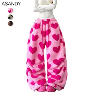 ASANDY Y2K Pink Heart Fleece Wide-Leg Pants| Cozy Aesthetic Baggy Trousers for Streetwear/Party