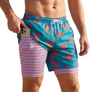 Men's Swim Trunks 5" Fake Two-Piece Swim Shorts with Compression Liner Quick Dry Boardshorts with 3 Pockets & Hidden Phone Pocket, Elastic Drawstring Waist for Surf, Swim, Beach Vacation Daily Wear