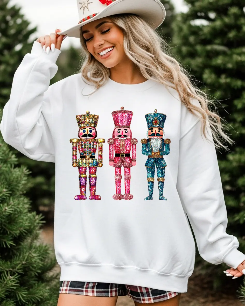 Faux Glitter Christmas Nutcracker Sweatshirt, Women's Trendy Cute Oversized Crewneck