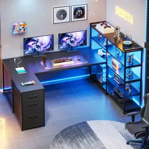 Sikaic L Shaped Gaming Desk, Reversible U Shaped Computer Desk with Power Outlet and Storage Shelves, Corner Gaming Desk with LED Lights, 3 Fabric Drawers, Black
