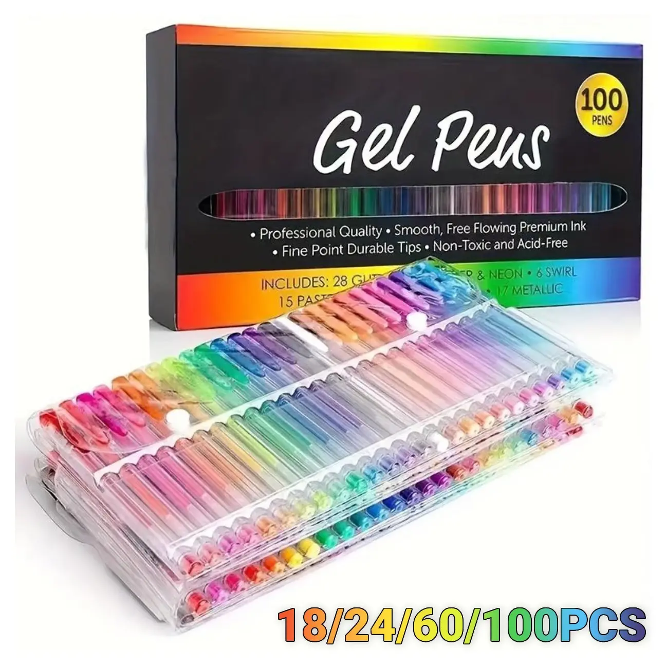 Gel Pen Set with Case, 1 Set 18/24/60/100 Color Gel Pen, Non-toxic Versatile Fine Point Pens for Adult Coloring, Drawing, Sketching & Crafting, Art Sets, Art Drawing Kit, Perfect Gift for Halloween Christmas Back to School Graduation, Creative Gift