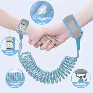 2-meter lockable spring rope child anti-lost wristband leash with rotating head lock, safety belt and key chain, safe and convenient for outdoor use.