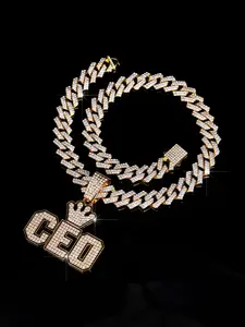 1PC Miami Punk Crown Letter "CEO" Pendant Necklace Cuban Link Chain Hip Hop Street Singer Fashion Jewelry Women and Boys Gift Jewelry Dropping Oil Craft+Rhinestone