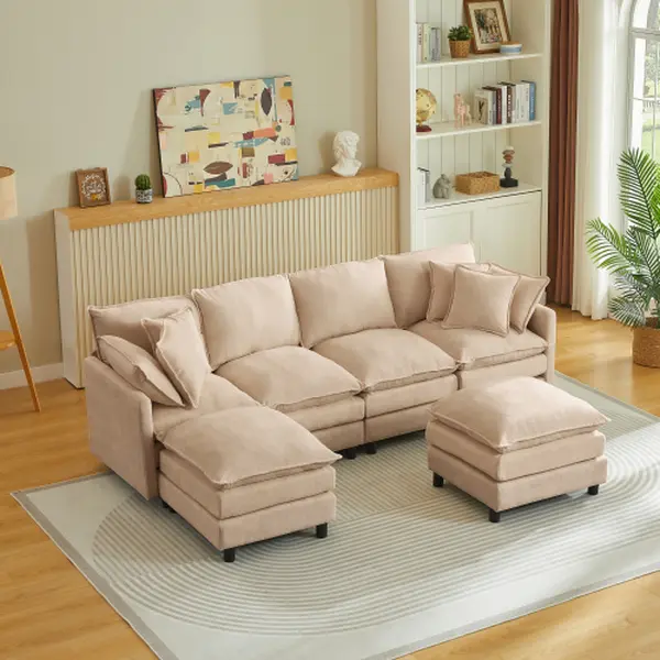 【2 Packages Shipping】Modular Sectional Sofa Couch, 106" U-Shaped Cloud Couch with Movable Ottoman, 4-Seater Deep Seating Chenille Sofa Set, Customizable Layout, Beige