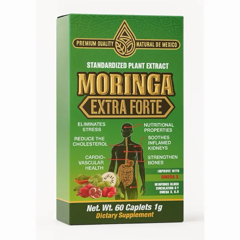 Moringa Extra Forte – Suplemento Natural Premium | Powerful Antioxidant & Energy Support | Elimina el Estrés, Reduce el Colesterol y Fortalece los Huesos | 60 Capletas 1g – Premium Quality