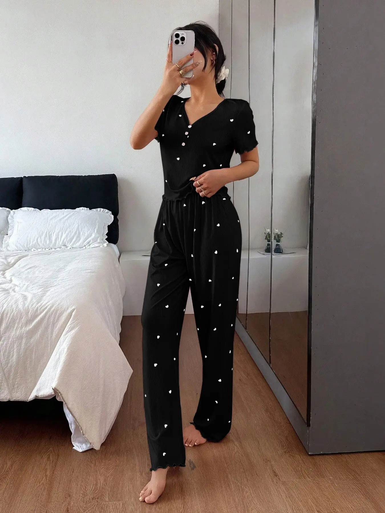 Spring Summer New Heart Print Women's Pajama Set, Loungewear, Nightwear, Pjs, Pyjamas, V Neck Front Button Design, Elastic Fabric, Comfortable Breathable Soft Skin-Friendly