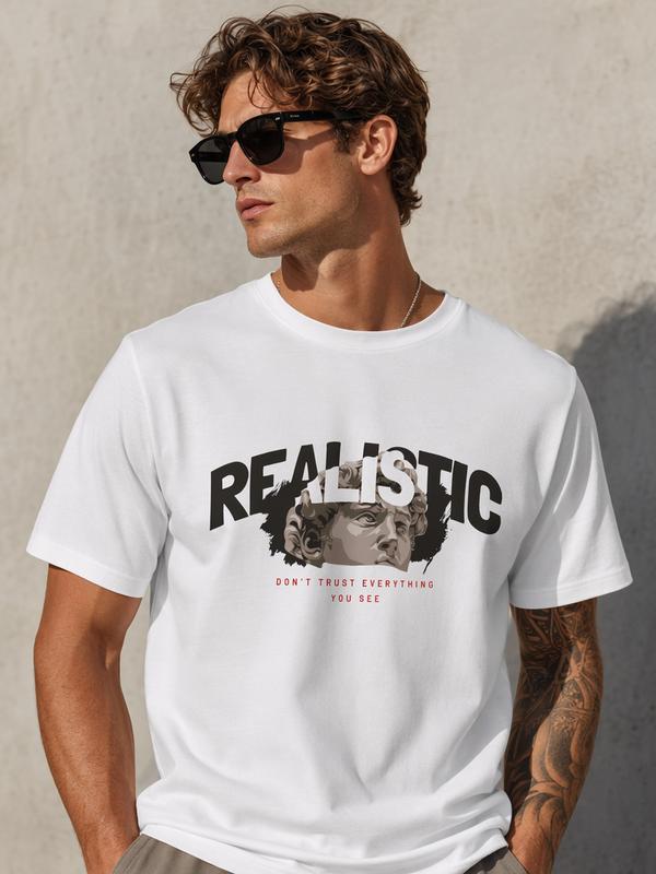 Men's Fitted Cotton Crew Neck Short-Sleeve T-Shirt - Hollow Text Effect, Sculpture Detail, Mind-Bending Print, Cold/Machine Washable Streetwear, Casual Summer Wear, Ideal for Design Enthusiasts