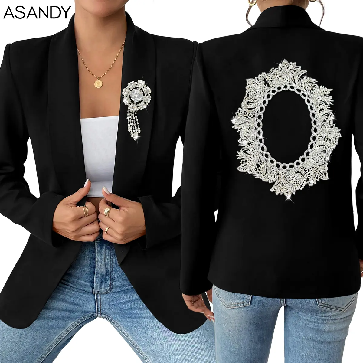 ASANDY Women's Elegant Trendy Long-Sleeve Polyester Formal Blazer - Intricate Rhinestone Frame Embroidery, Matching Brooch, Button Closure, All-Seasons, Ideal for Evening Party, Gala, Lady, Trendy Blazer
