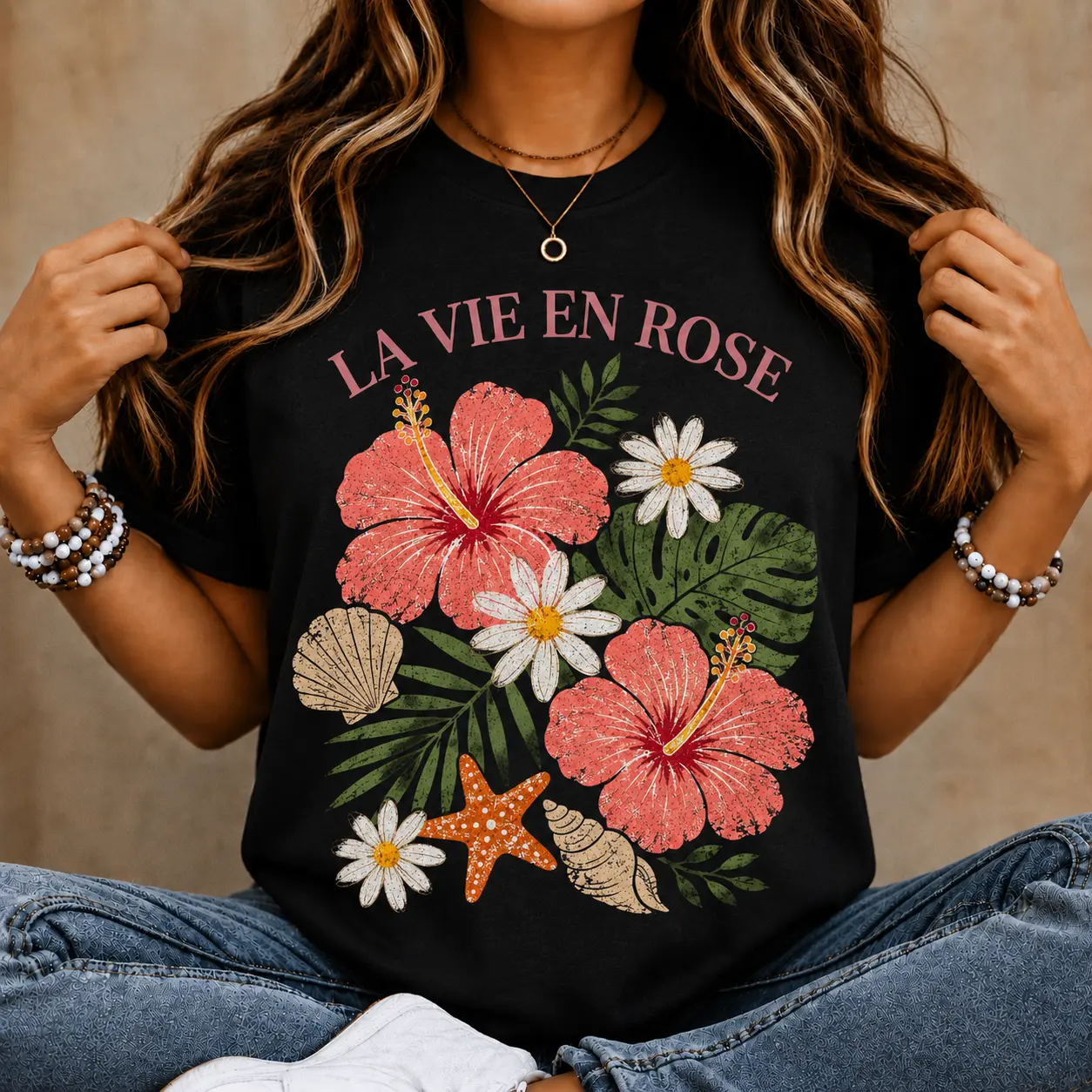 Women's Short-Sleeve Round Neck Top - Cute Black Hibiscus Flower Design, Casual Tropical Beach Vacation T-Shirt, Tops, Shortsleeve, Cute Flower Design Women's T-Shirts, Tshirt, Flowers
