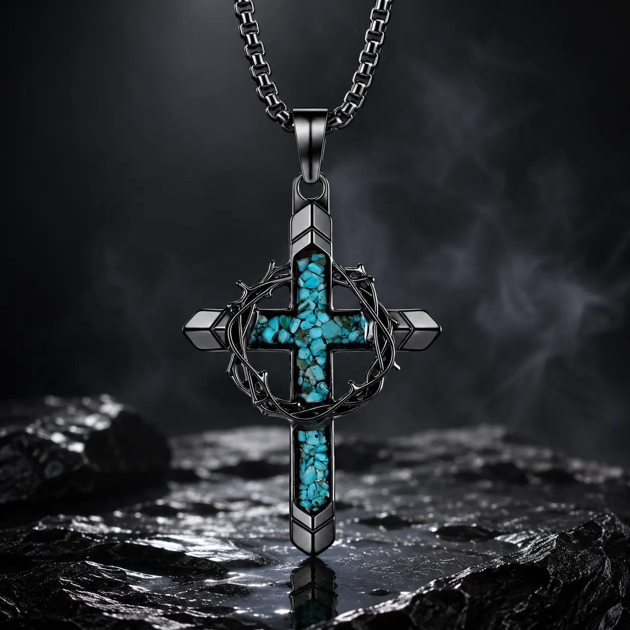 Cross Necklace for Men, Turquoise Cross Pendant Necklace with a Thorny Wreath and Cross Design, Religious Christmas Birthday Gifts for Men And Women Jewelry Present