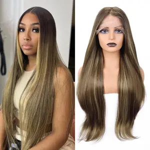 Ombre Ash Blonde Synthetic Lace Front Wigs with Curtain Bangs, Highlight Light Brown Blond Long Straight Layered Wigs with Bangs, Middle Part with Natural Hairline 34 Inches Wigs for Women