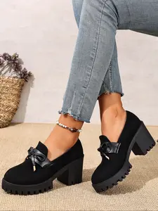 Butterfly knot high heels loafers, fashionable thick soled single shoes, women's commuting work shoes, elegant party women's shoes, round toe, comfortable fashion single shoes