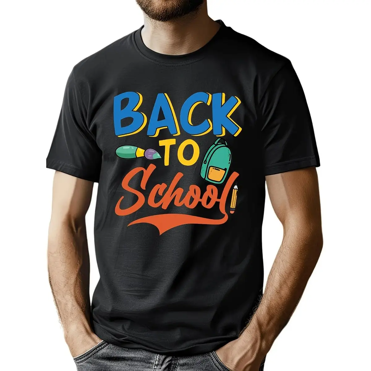 Male School Theme Short-Sleeve Graphic Print Sports Top - Back to School Black Tee with Colorful Text & Backpack Design, Soft Fabric Casual Wear, Ideal Student Gift