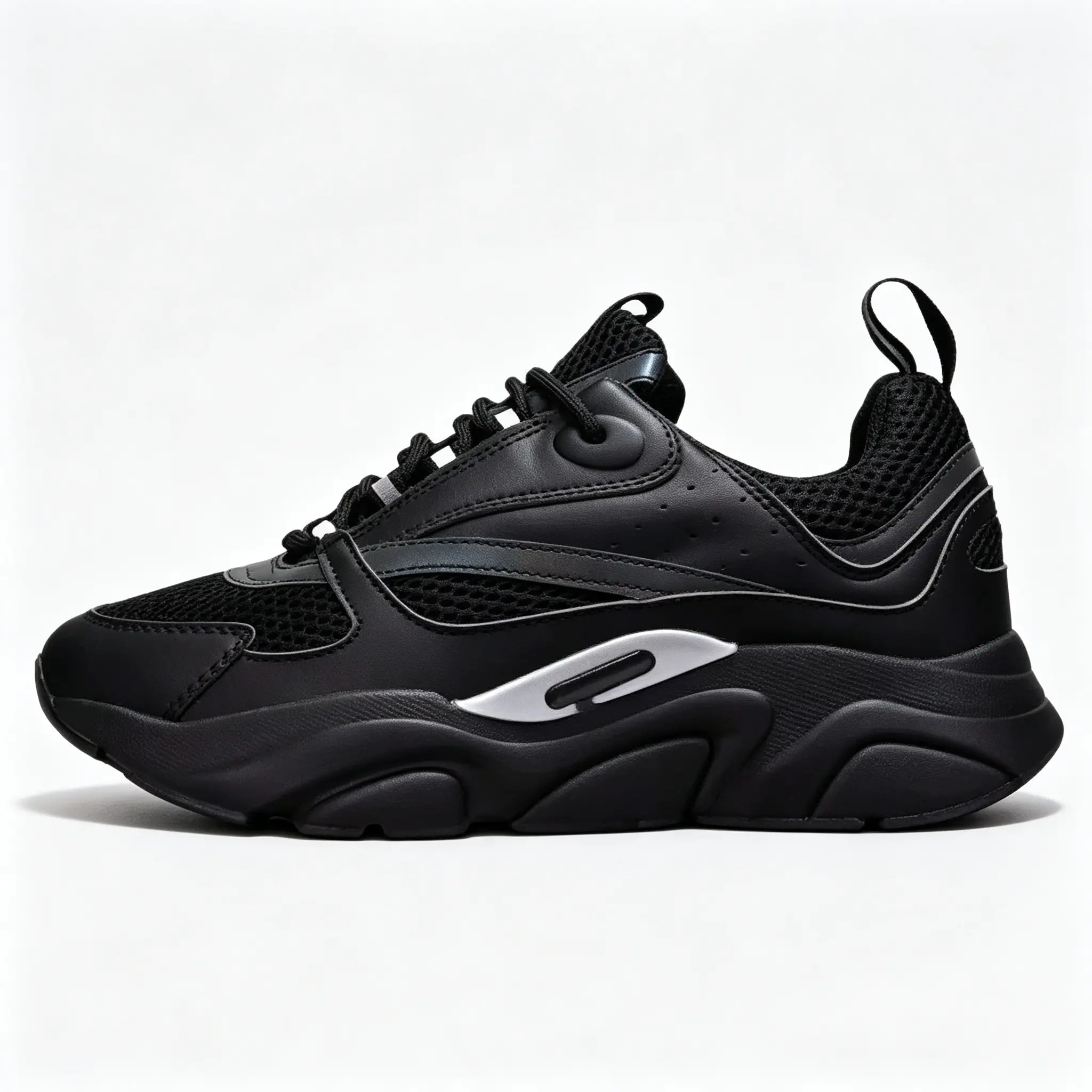 Men's All-Black Striped Lace-Up Running Shoes - Breathable Mesh Fabric, Soft Elastic Foam Shock-Absorbing Cushion, Chunky Non-Slip Thick-Sole Platform Trainers, All-Seasons Fashion Casual Footwear for Campus Commute, Gym/Outdoor Use