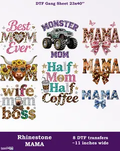 Faux Rhinestone MAMA DTF Gang Sheet: 8 Ready To Press Transfers - 23x40, Full-Color Printing, Same/Next Day Shipping Faux Yarn Gansheet