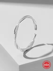 S925 Sterling Silver Fashion Crossed Design Adjustable Cuff Ring, Fashion Jewelry for Party, Daily Clothing Decor, Trendy All-match & Exquisite Jewelry for Gift with Box