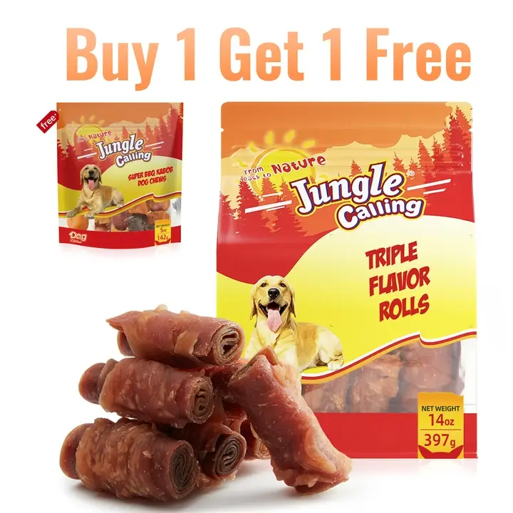 「Buy 1 Get 1 Free」Jungle Calling Multi-Flavor Rolls Rawhide-Free Dog Treats, Chicken, Duck, Beef 14 oz (397 g) Bag, 2.7" Soft Chewy Dog Chews, High-Animal-Protein Training Treats, Multi-Nutrient Reward Snacks for Picky Eaters